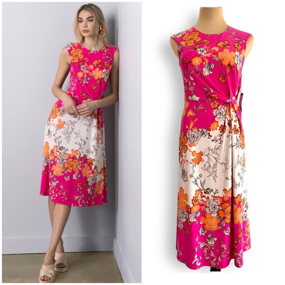 VINCE CAMUTO Floral Print Twist-Waist Midi Dress with Pockets Size 6